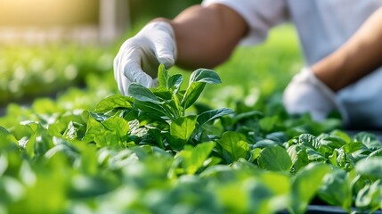 Aufkleber - Gloved hands gently tending to vibrant green spinach seedlings in a lush indoor garden setting, sunlight illuminating the leaves. : Generative AI