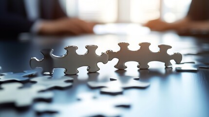 Poster - Two metallic puzzle pieces connect, symbolizing collaboration and problem-solving, on a table with scattered pieces, blurred businesspeople in the background. : Generative AI