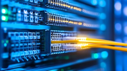 Aufkleber - Close-up view of fiber optic cables connecting to a network switch within a server rack, showcasing glowing ports and intricate hardware details. : Generative AI