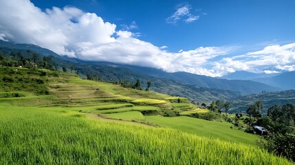 Poster - Stunning vista of vibrant green rice terraces cascading down mountain slopes under a bright blue sky, fluffy white clouds adding dramatic contrast to the landscape. : Generative AI
