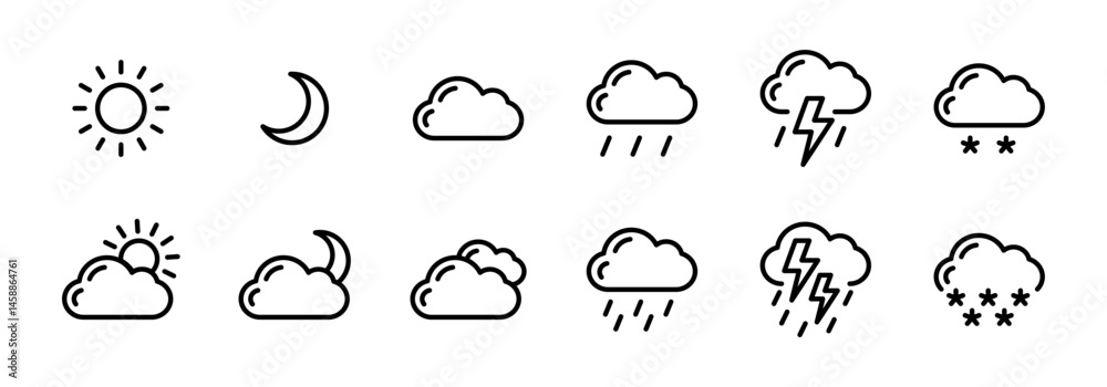 Weather line icon set. Minimal outline vector symbols for sun, clouds ...