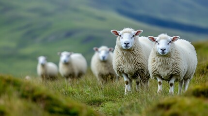 Poster - Two fluffy white sheep lead a flock across a verdant hillside, their wool gleaming under a soft sky.  The serene pastoral scene evokes tranquility and the beauty of rural landscapes. : Generative AI