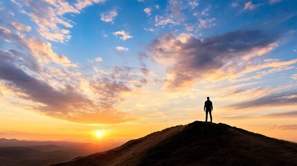 Poster - Silhouette of a man standing on a hilltop, watching a vibrant sunset over a vast, rolling landscape.  Golden hour light paints the sky with dramatic colors and fluffy clouds. : Generative AI