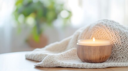 Fototapete - A lit candle in a wooden bowl rests on a creamy knitted sweater, creating a cozy and tranquil atmosphere. Soft, natural light illuminates the scene, enhancing the feeling of warmth and : Generative AI