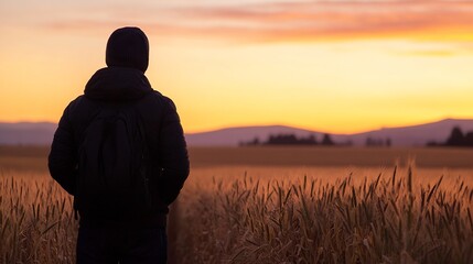 Poster - Silhouette of a person with backpack standing in a wheat field at sunset, enjoying the golden hour light and tranquil landscape. : Generative AI