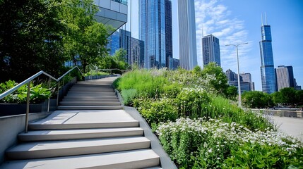 Aufkleber - Modern city stairs ascend amidst lush greenery, showcasing a vibrant urban landscape with towering skyscrapers under a bright, sunny sky. : Generative AI