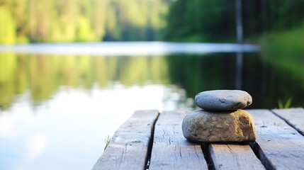 Poster - Two grey and brown stones stacked on weathered wooden dock, tranquil lake and lush green forest background. : Generative AI
