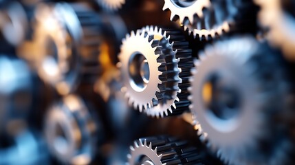 Fototapete - Close-up view of intricately meshed metallic gears, showcasing precision engineering and industrial design.  The image highlights the complex interaction of cogs and wheels, suggesting : Generative AI