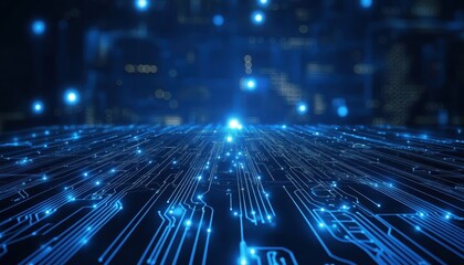 Leinwandbilder - Futuristic Blue Circuit Board Background with Glowing Lights Abstract Digital Network Connection and Modern Electronic Design for AI Technology