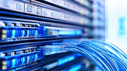 Poster - Close-up view of a network server rack with multiple blue cables connected, showcasing intricate details of modern data center technology. : Generative AI