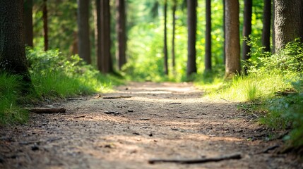 Leinwandbilder - Sunlit path winding through a dense, green forest, sunlight filtering through the trees, creating a tranquil and peaceful atmosphere. : Generative AI