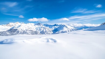 Aufkleber - Panoramic view of snow-covered mountains under a vibrant blue sky, showcasing a pristine winter landscape with gently undulating snowdrifts in the foreground. : Generative AI
