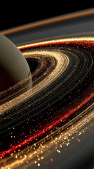 Fototapete - A mesmerizing cosmic swirl of gold and red particles encircles a celestial body, creating a striking visual of galactic rings and ethereal dust.