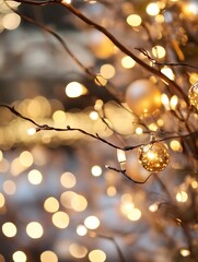 Fototapete - Close-up of golden christmas ornaments hanging on a branch with warm fairy lights, creating a bokeh effect and festive atmosphere. : Generative AI