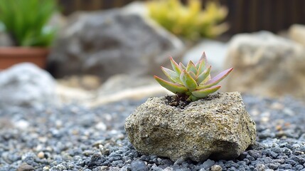 Aufkleber - Small succulent plant nestled in a rough, grey rock, surrounded by dark grey gravel; a serene garden scene. : Generative AI