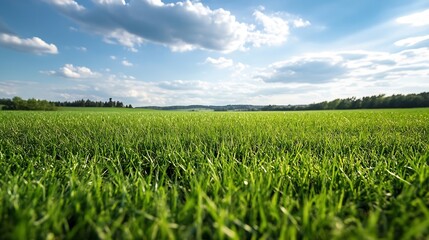 Poster - Vibrant green grass field stretches to a horizon of trees under a partly cloudy blue sky, offering a tranquil nature scene. : Generative AI