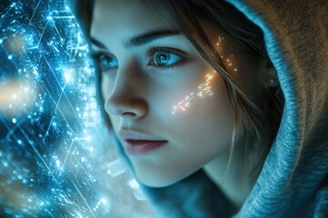 Leinwandbilder - A young woman in a hoodie, illuminated by futuristic blue light, appears to be connected to a digital network.