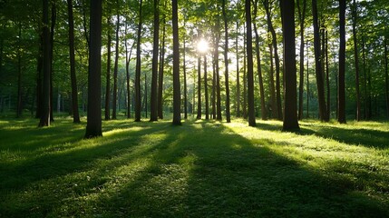 Poster - Sunbeams illuminate a lush green forest floor, dappled light filtering through tall, slender trees creating a tranquil, serene atmosphere. : Generative AI