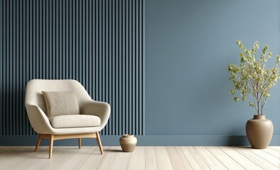 Poster - Modern minimalist living room with a beige armchair, potted plant, decorative vases, and blue textured accent wall.