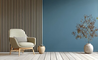 Poster - Minimalist living room with a cozy armchair, potted plant, and striped accent wall, featuring a calming blue and beige color palette.