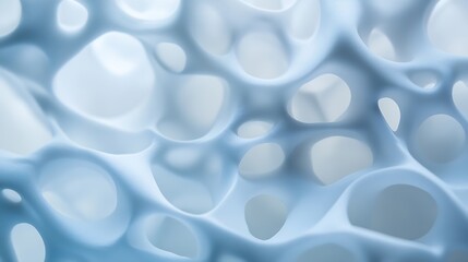 Poster - Abstract light blue 3D render of a porous, organic structure with interconnected cavities and smooth, flowing surfaces, creating a complex network pattern. : Generative AI