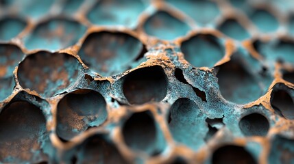 Poster - Close-up view of a textured surface with teal and orange hues, showing a honeycomb-like pattern with eroded or weathered details, creating an abstract and intricate design. : Generative AI