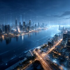 Poster - Futuristic Cityscape at Night with Digital Network Overlay, a Modern Metropolis Connected by Data Streams