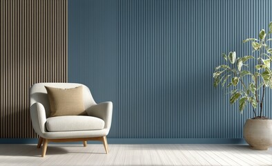 Poster - Minimalist living room with a modern armchair, neutral pillow, striped blue accent wall, and a potted plant.