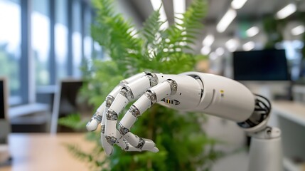 Leinwandbilder - Close-up of a robotic hand gently interacting with a potted plant in a modern office setting, showcasing advanced technology and a blend of nature and artificial intelligence. : Generative AI