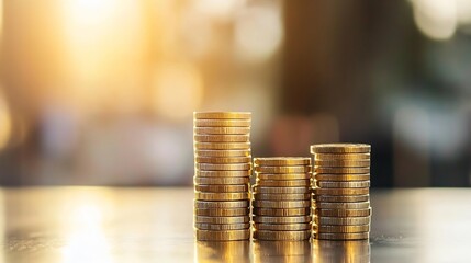 Leinwandbilder - Three stacks of gold coins increasing in height, symbolizing growth, wealth, and financial success against a blurred, sunlit background. : Generative AI