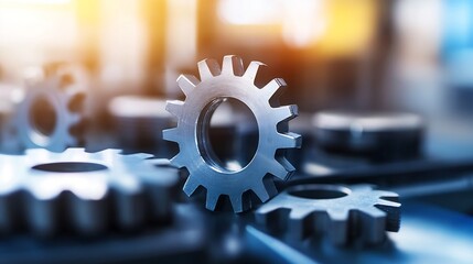Fototapete - Close-up view of metallic gears, showcasing intricate details and industrial design.  The gears are arranged in a complex pattern, suggesting a machine's inner workings. : Generative AI