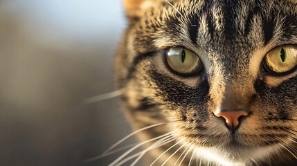Aufkleber - Close-up portrait of a tabby cat's face, showcasing its striking amber eyes and detailed fur texture in warm sunlight. : Generative AI