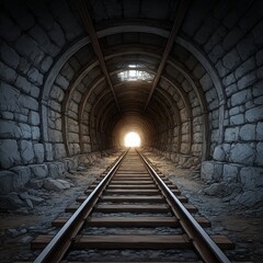 Aufkleber - Journey Through Stone: A Railroad Track Leads Towards the Light at the End of a Dark Tunnel.