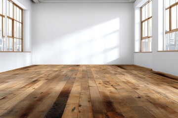 Poster - Sunlit empty room with large windows and wooden floor, creating a bright, spacious, and modern atmosphere.