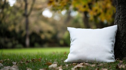 Leinwandbilder - White square pillow resting against tree trunk in autumnal park setting, showcasing soft texture and natural outdoor backdrop. : Generative AI