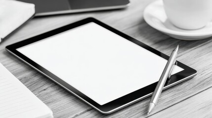 Poster - Minimalistic workspace featuring a tablet, pen, and coffee cup on a wooden desk, ideal for productivity