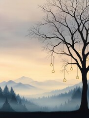 Wall Mural - a serene landscape featuring a bare tree with hanging lights at dusk, surrounded by mountains