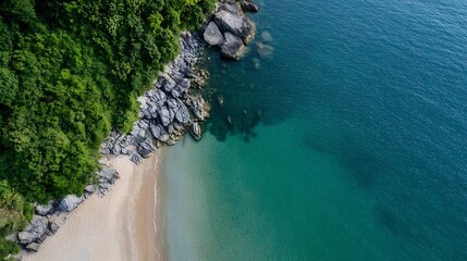 Poster - Aerial view of a secluded beach, where lush green vegetation meets a rocky shoreline and clear turquoise ocean water. The tranquil scene offers a sense of serenity and escape. : Generative AI