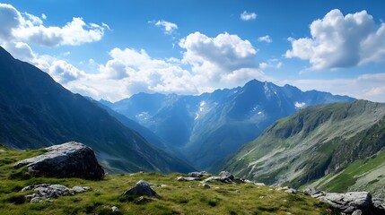 Poster - Majestic alpine panorama: sunlit peaks, verdant slopes, and fluffy clouds create a breathtaking mountain vista. : Generative AI