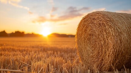 Poster - Golden hay bale in a harvested field at sunset, bathed in warm sunlight, showcasing the texture of the straw and the tranquil rural landscape. : Generative AI