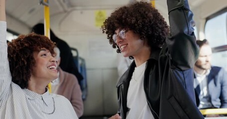 Poster - Talking, laugh and friends on bus in city in conversation for morning commute, journey and trip together. Public transport, travel service and happy man and woman in vehicle for chat on in urban town