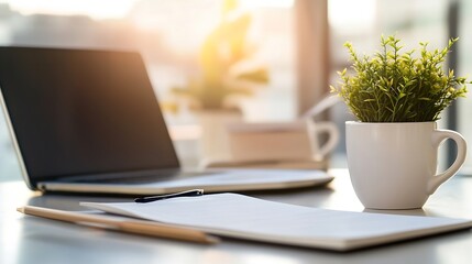 Poster - Modern workspace with laptop, notebook, pen, and plant in a mug, bathed in sunlight streaming through a window. : Generative AI