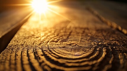 Poster - Close-up view of a tree's cross-section, illuminated by warm sunset light, showcasing intricate wood grain patterns and texture details. : Generative AI