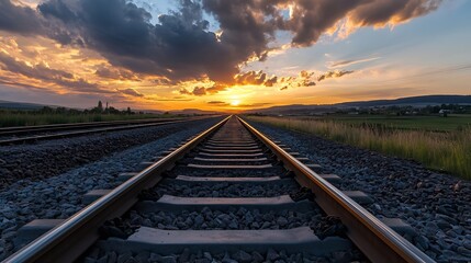 Poster - A picturesque sunset illuminates the railway tracks extending towards a vibrant horizon, showcasing a tranquil countryside scene. : Generative AI