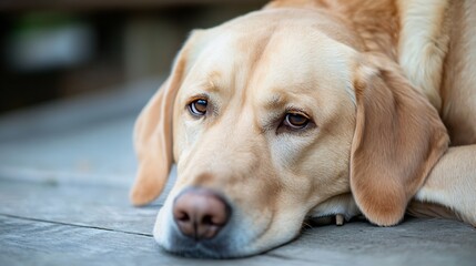 Poster - Close-up portrait of a pale yellow labrador retriever dog resting its head on weathered wood, showing gentle eyes and soft fur. : Generative AI
