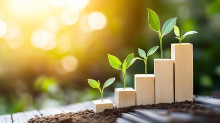 Poster - Young plants growing in wooden blocks, symbolizing growth, progress, and sustainability, set against a bright, sunlit background. : Generative AI