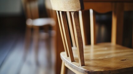 Poster - Close-up view of a wooden chair's back, showcasing the natural grain and craftsmanship of the light brown wood. The chair's vertical slats are clearly visible, emphasizing its simple y : Generative AI