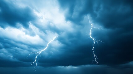 Aufkleber - Dramatic lightning strikes across a dark, stormy sky, showcasing powerful bolts of electricity against a backdrop of brooding, blue-grey clouds. : Generative AI