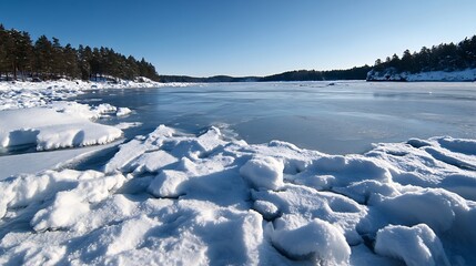 Aufkleber - Frozen lake landscape in winter, snow-covered ice floes and pine trees on the shore under a clear blue sky.  A serene winter scene. : Generative AI