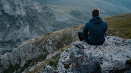 Poster - A lone hiker sits on a rocky outcrop, gazing at a vast mountain valley bathed in the soft light of sunset.  The scene evokes a sense of peace and solitude in the breathtaking natural l : Generative AI